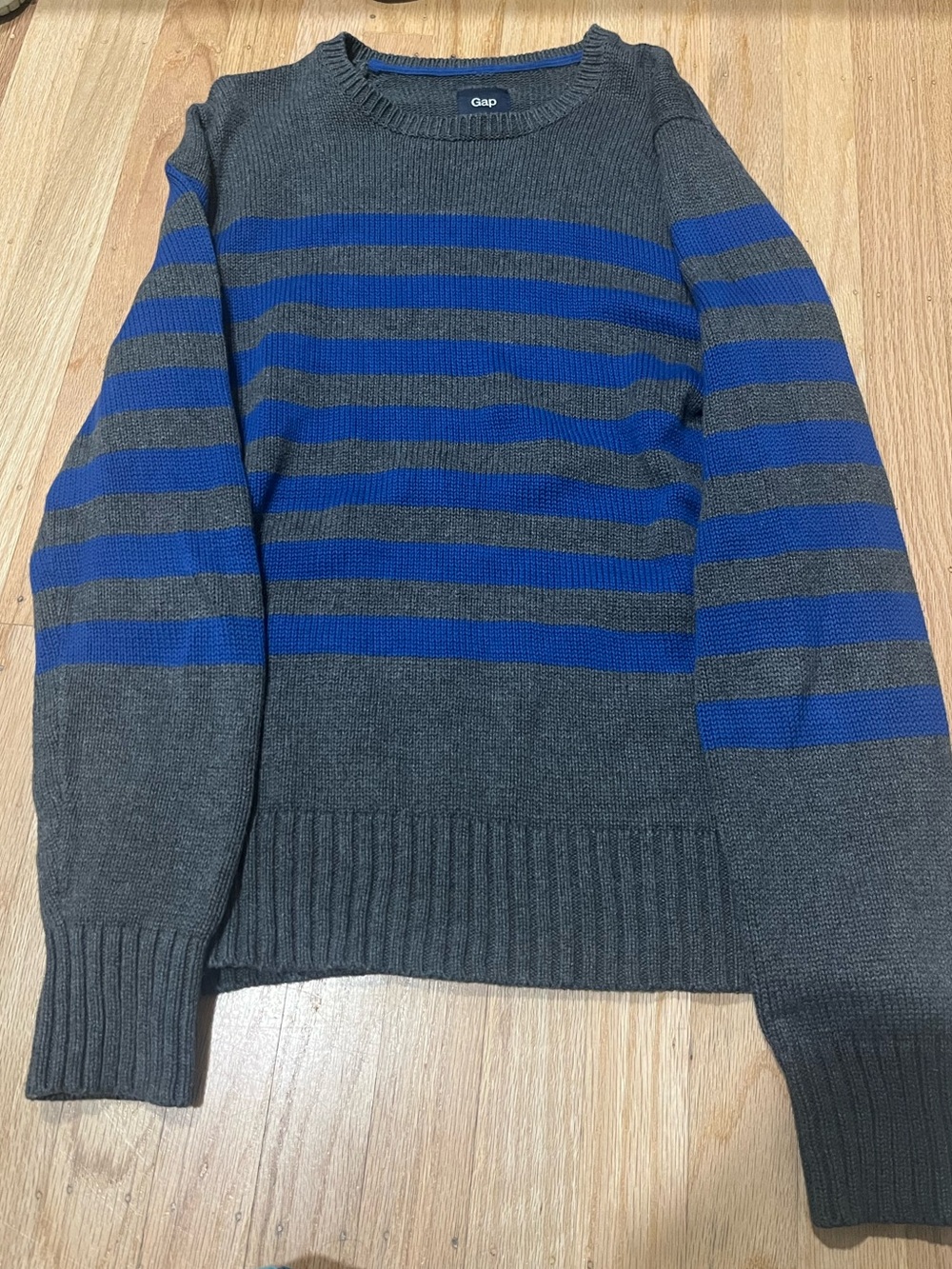 GAP Men's Charcoal Gray Crewneck Sweater with Royal Blue Stripes